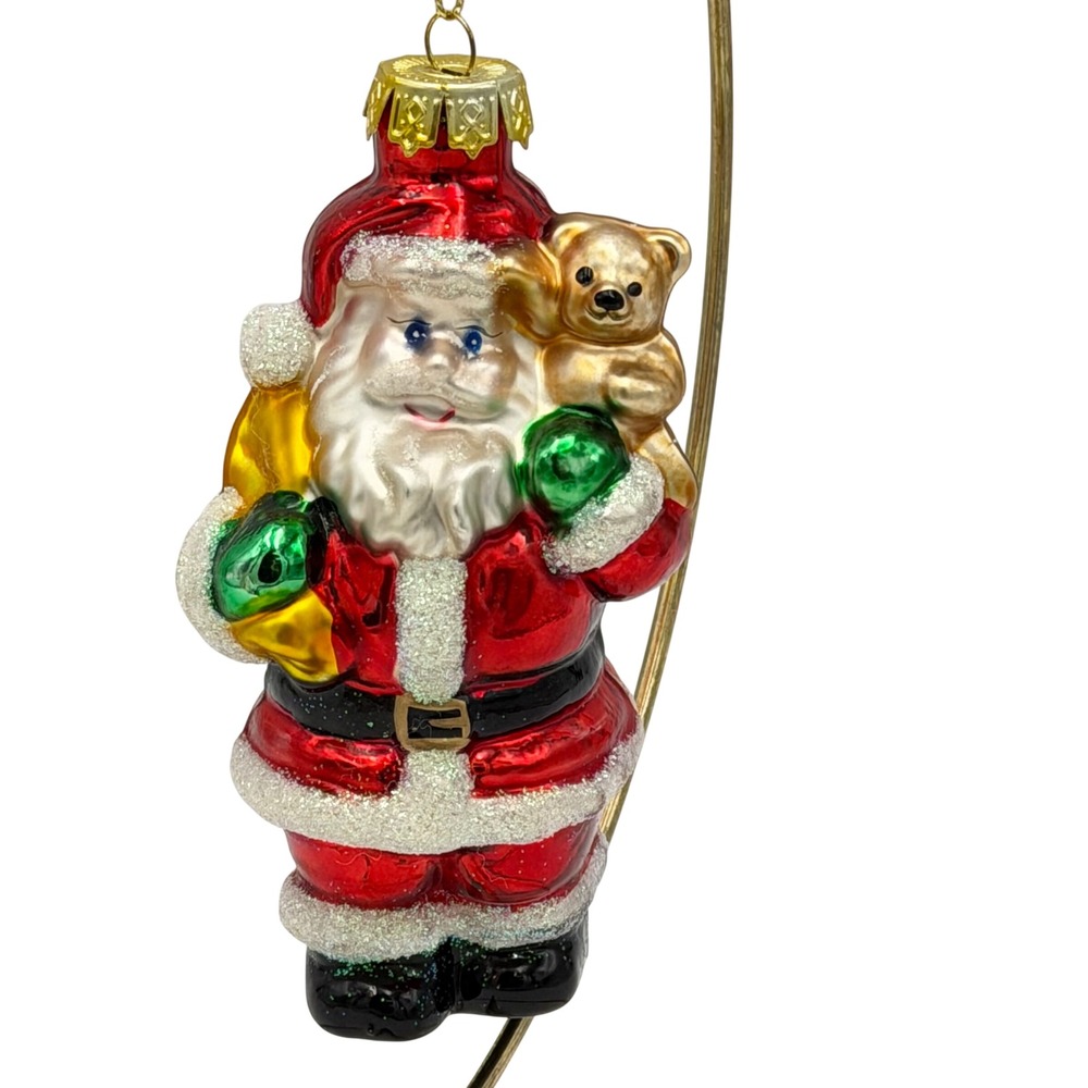 Santa Claus Mercury Glass Christmas Ornament with Teddy Bear and Toy Sack 4.5"